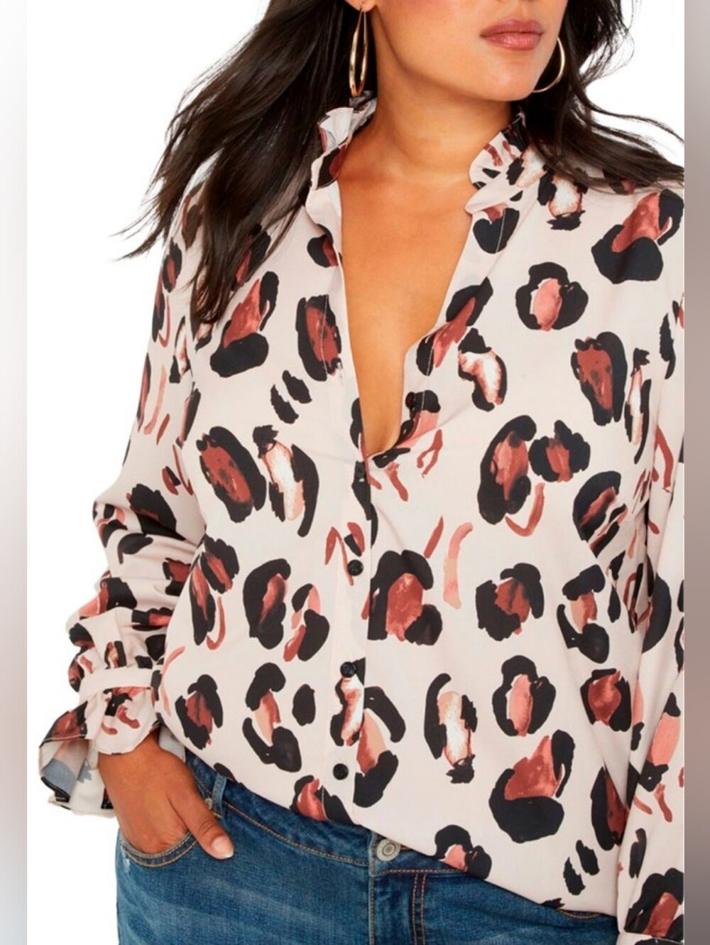 Eloquii Panthera Animal Print Button Down Blouse Deep V Ruffle Neck & Cuffs 14